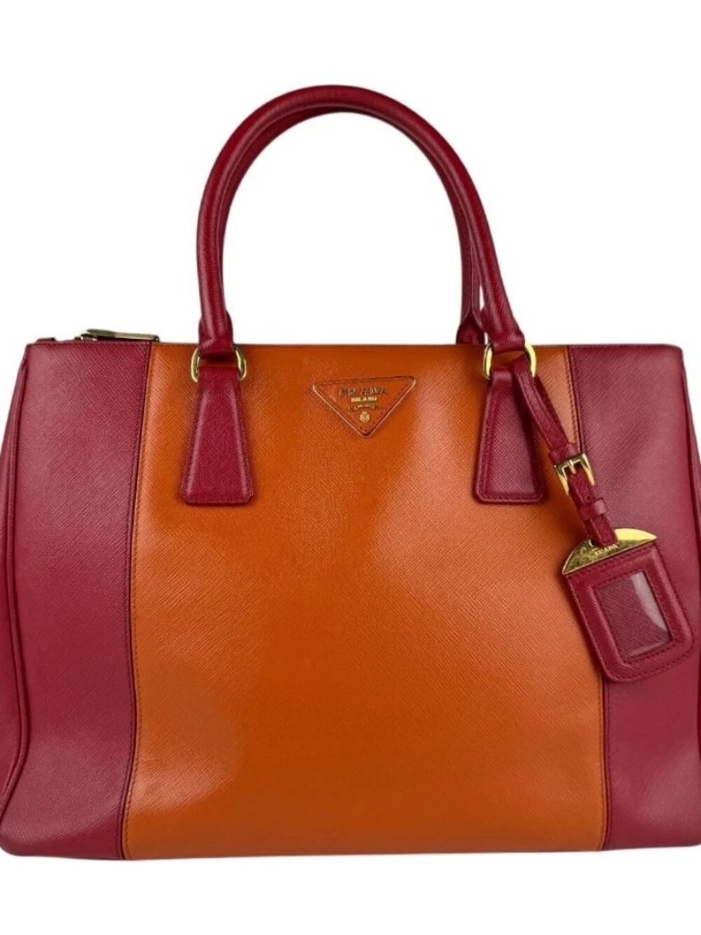 Auth PRADA Logo Handbag Shoulder Bag Red/Orange Leather/Goldtone - Picture 1 of 13